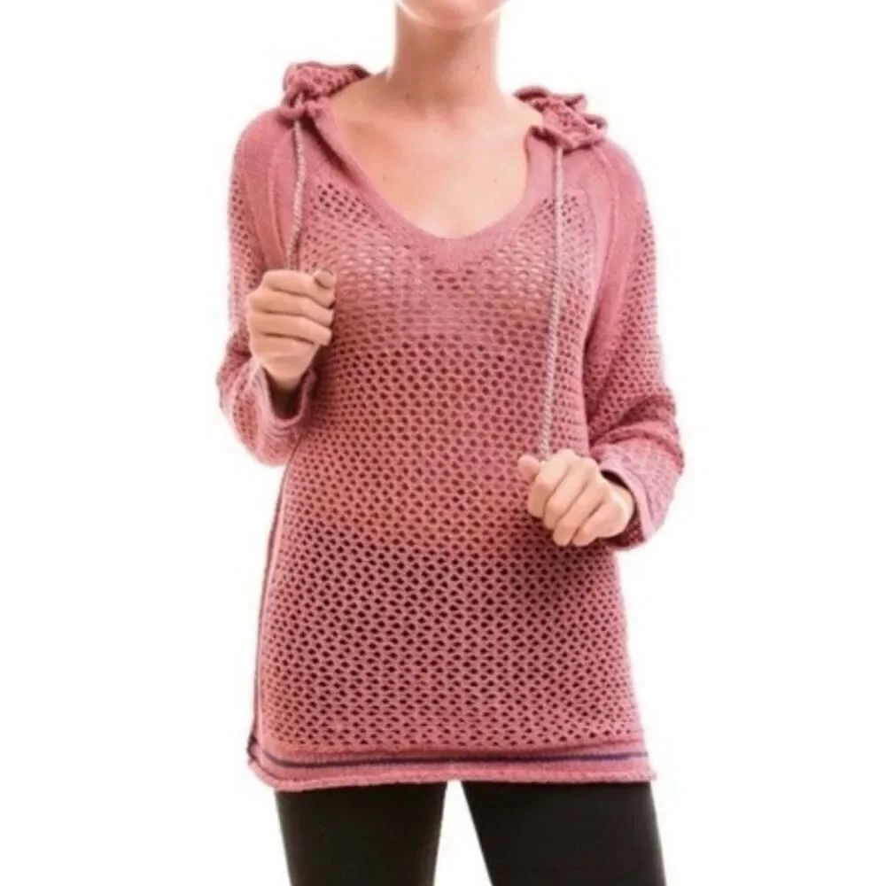 NEW Free People Women’s Small Light Red/Navy Shadow Stripe Crochet Hoodie Sweate
